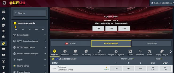 A screenshot of AllySpin, one of the best sites for Canada sports betting 